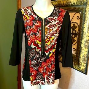 Libra Art Deco Print/ Front Zip Print 3/4” Sleeve Women’s Top, Sz XS